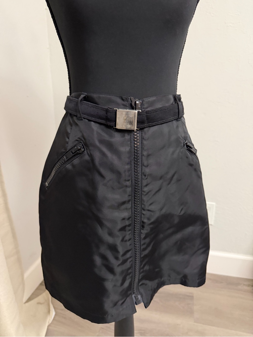 Vintage 90’s Express Black Front-Zip Mini Nylon Skirt with Belt Detail NWT